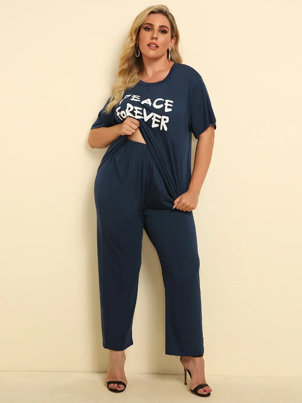 Plus Size PEACE FOREVER Short Sleeve Top and Pants Set - Korvel