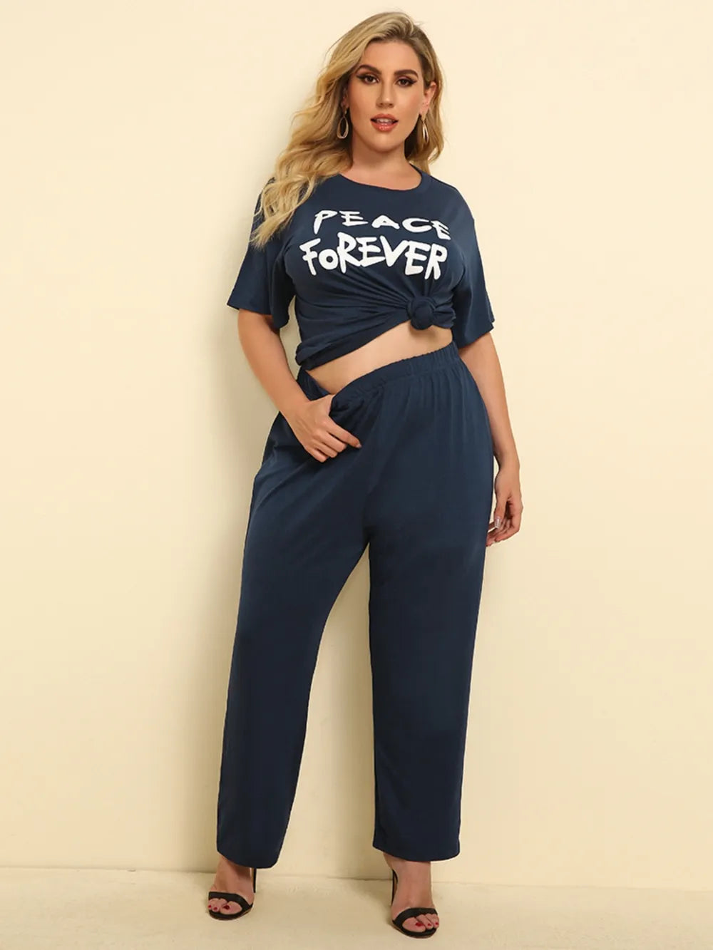 Plus Size PEACE FOREVER Short Sleeve Top and Pants Set - Korvel
