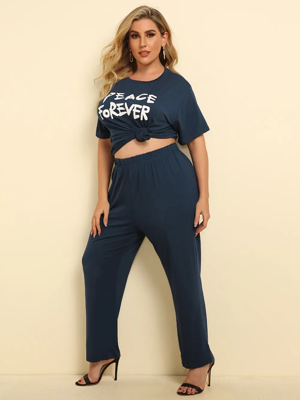 Plus Size PEACE FOREVER Short Sleeve Top and Pants Set - Korvel