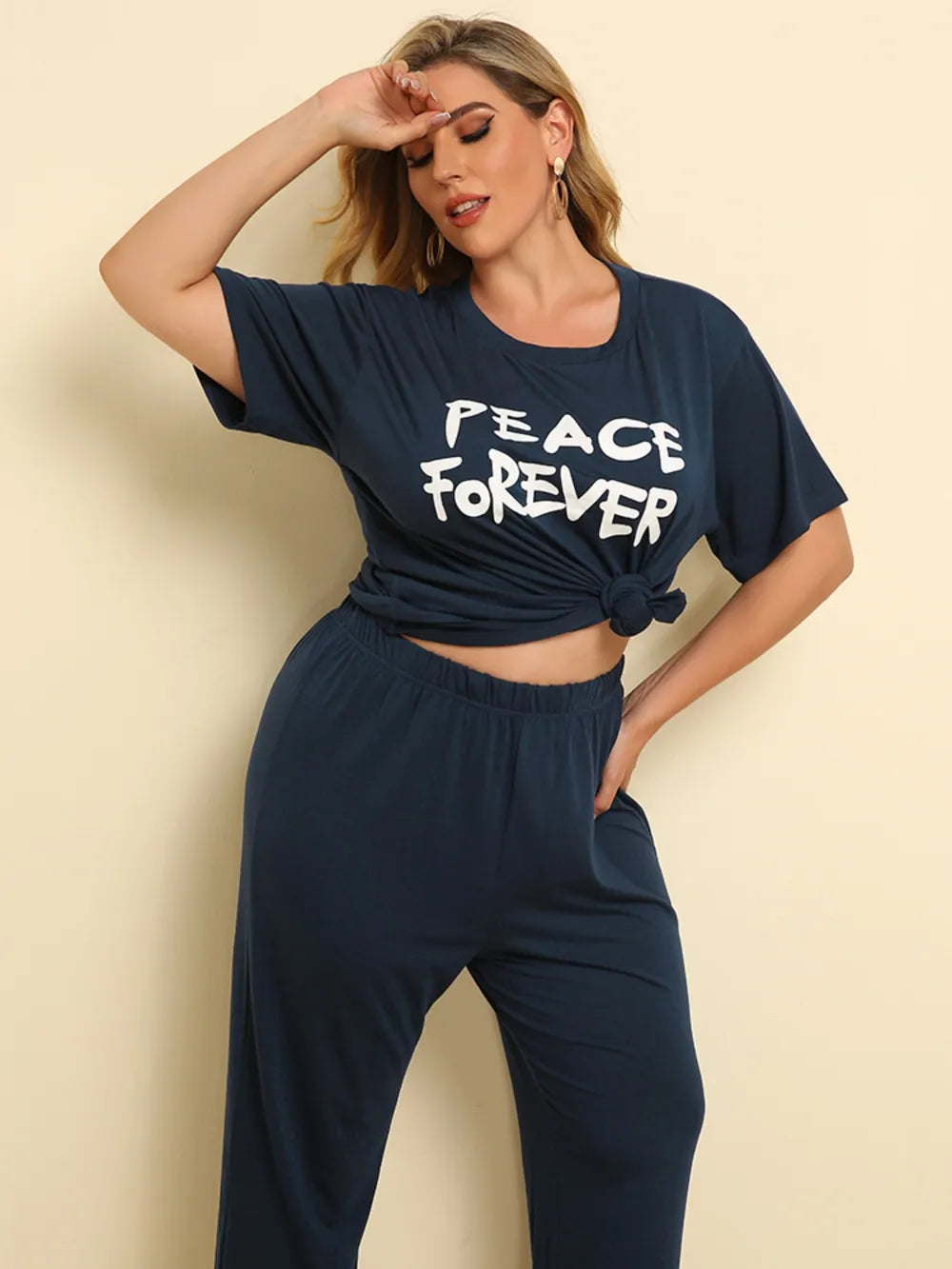 Plus Size PEACE FOREVER Short Sleeve Top and Pants Set - Korvel