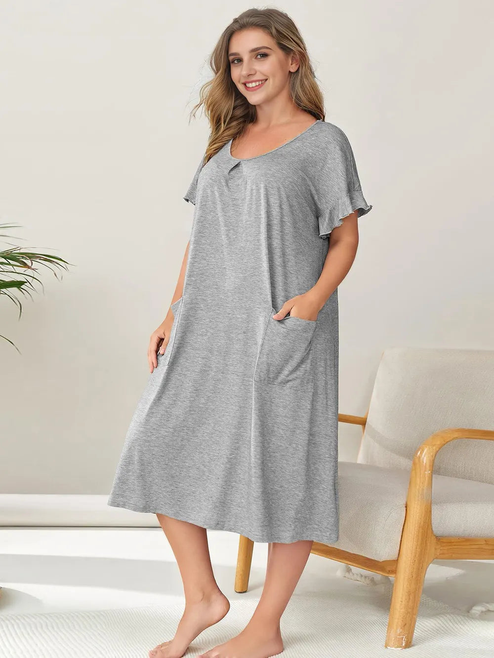 Plus Size Round Neck Short Sleeve Lounge Dress - Korvel