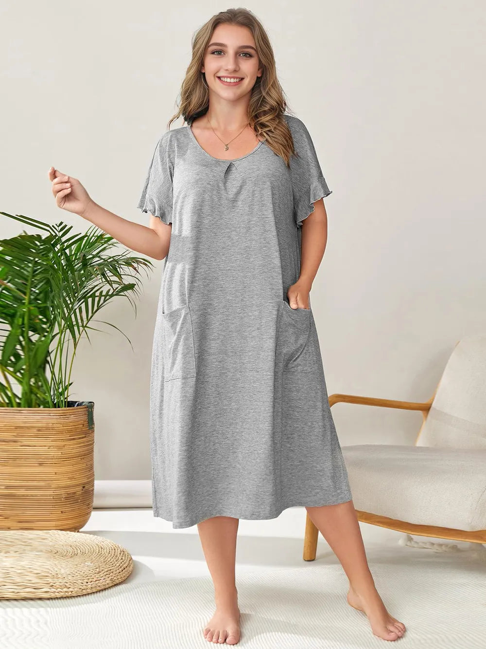 Plus Size Round Neck Short Sleeve Lounge Dress - Korvel