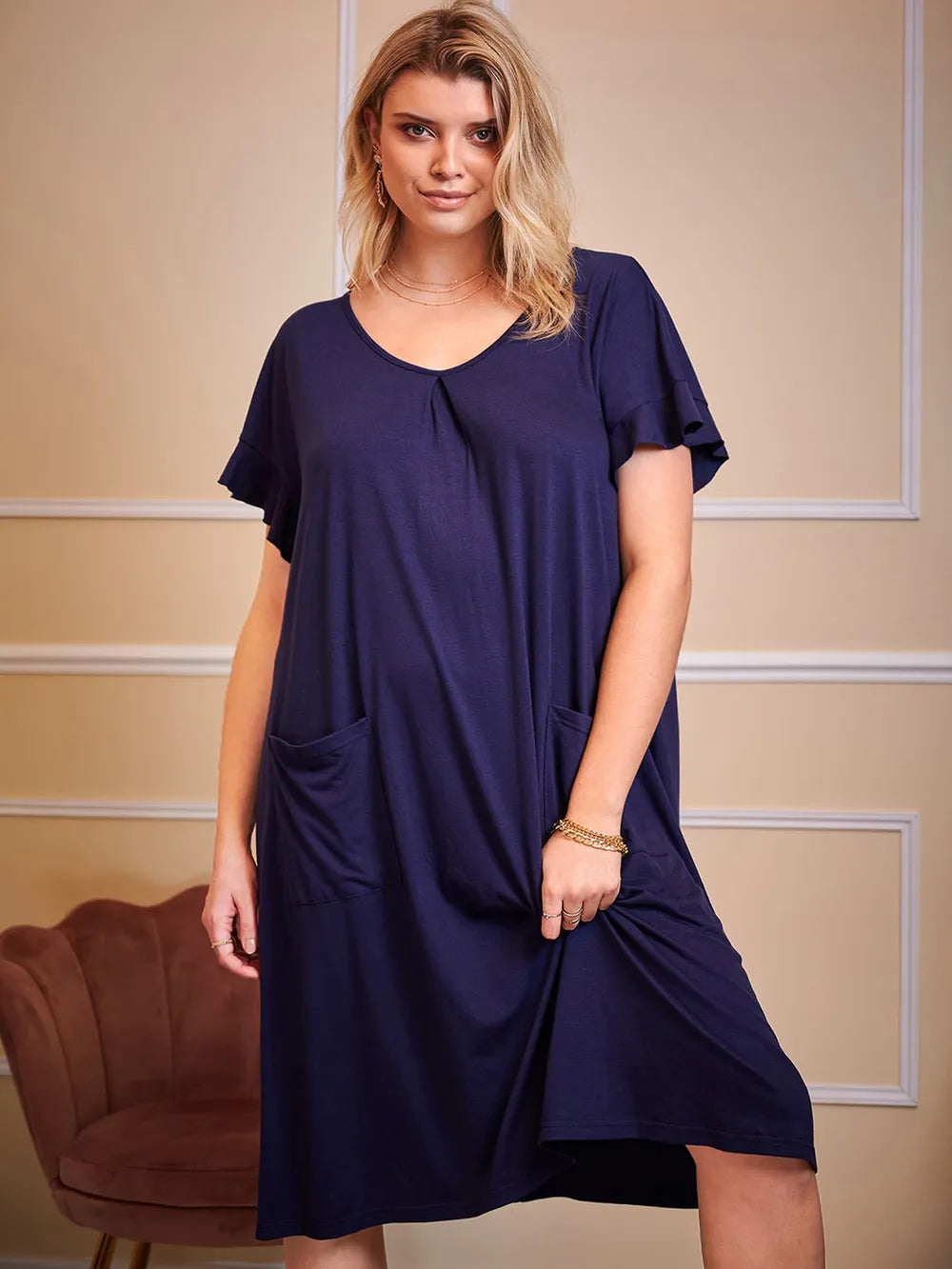 Plus Size Round Neck Short Sleeve Lounge Dress - Korvel