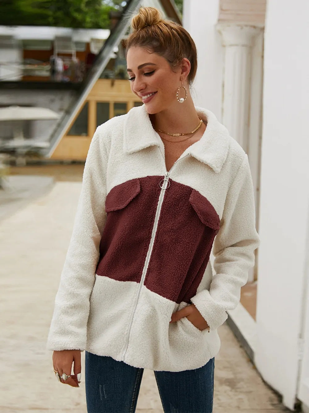 Plush Contrast Zip Up Coat - Korvel