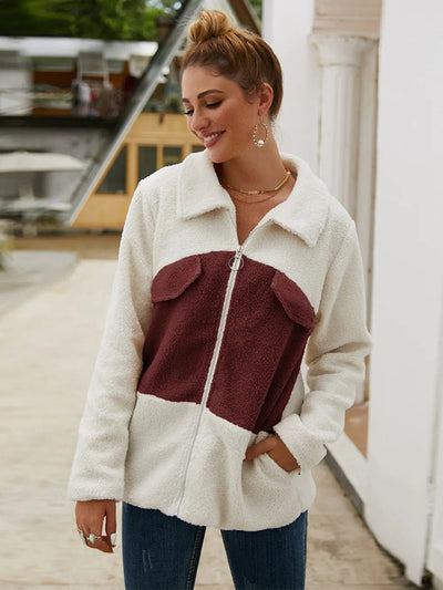 Plush Contrast Zip Up Coat - Korvel