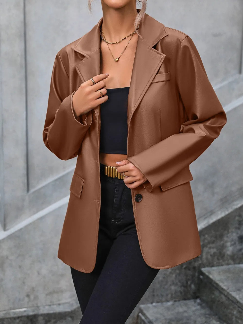 Pocketed Button Up Collared Neck Blazer - Korvel