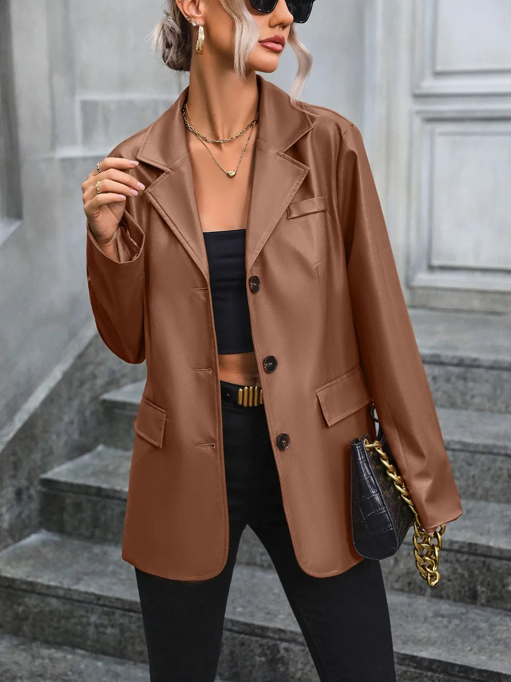 Pocketed Button Up Collared Neck Blazer - Korvel
