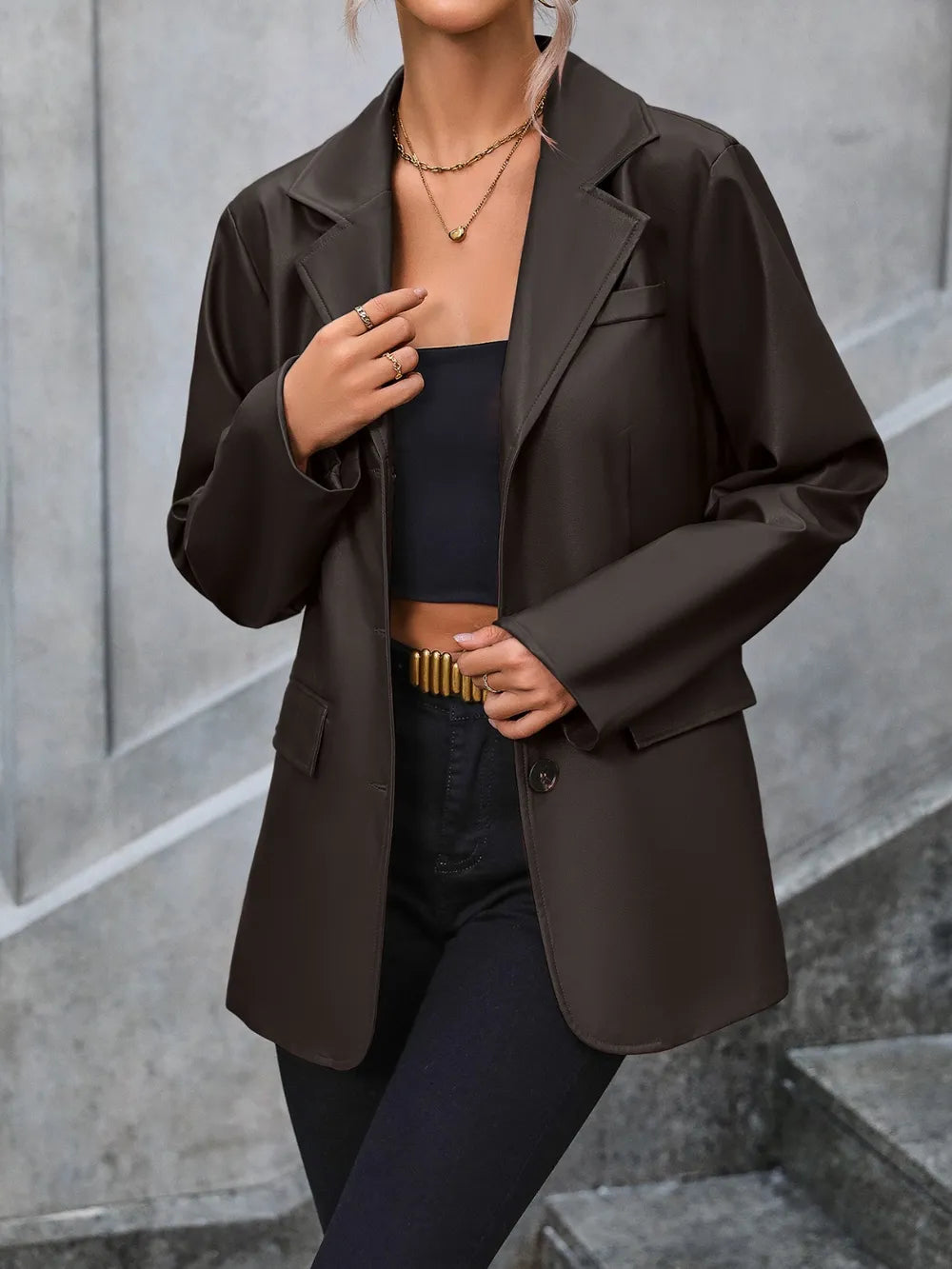 Pocketed Button Up Collared Neck Blazer - Korvel