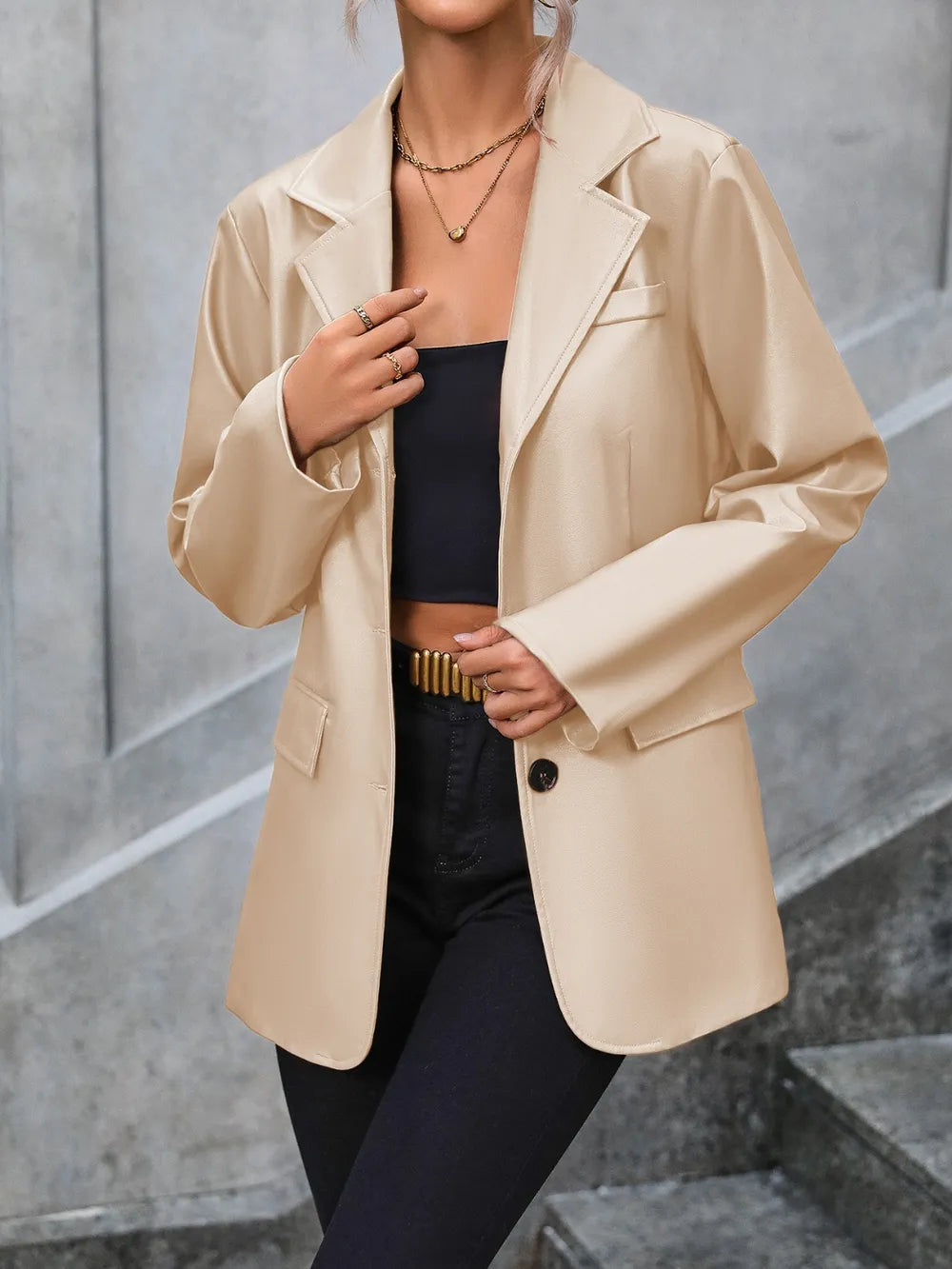 Pocketed Button Up Collared Neck Blazer - Korvel