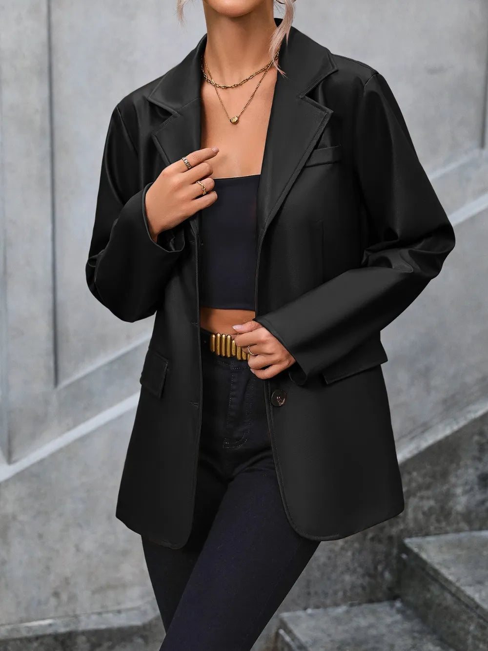 Pocketed Button Up Collared Neck Blazer - Korvel