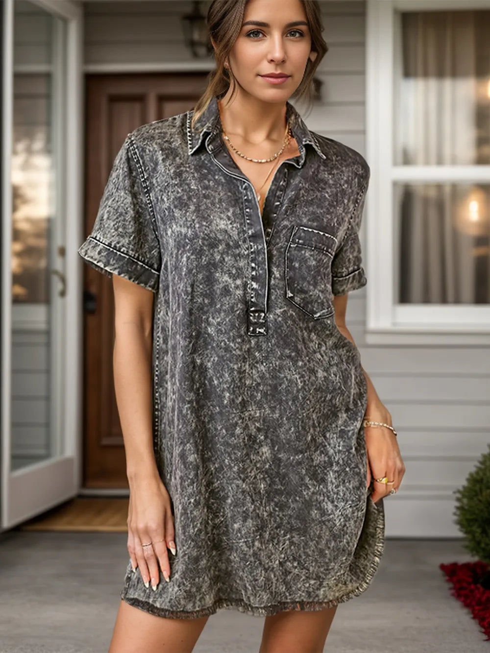 Pocketed Collared Neck Short Sleeve Denim Dress - Korvel