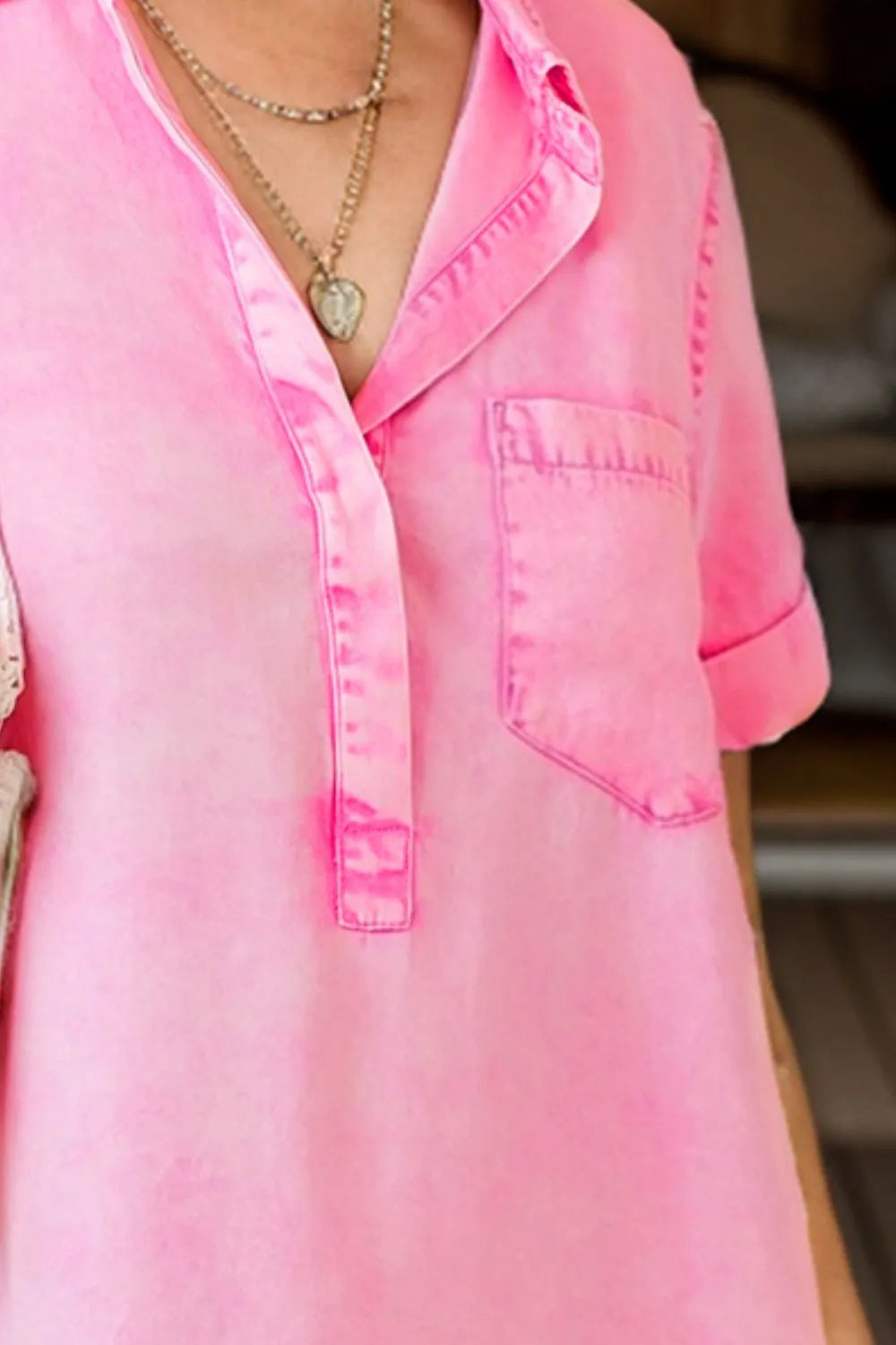 Pocketed Collared Neck Short Sleeve Denim Dress - Korvel