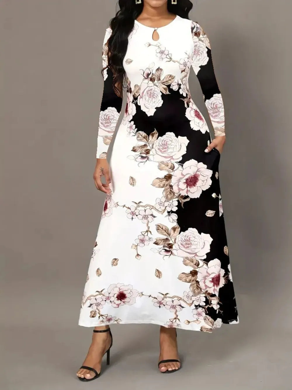 Robe élégante à manches longues florale avec poches