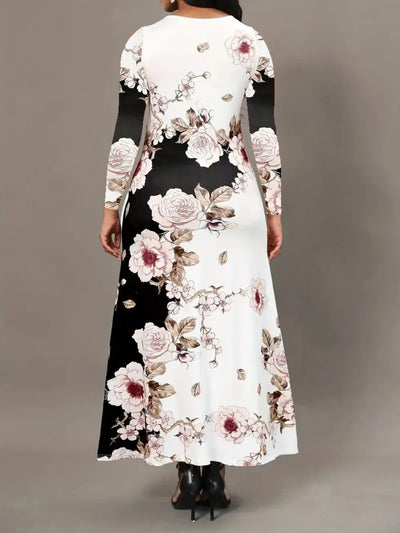 Elegant Pocketed Floral Long Sleeve Dress