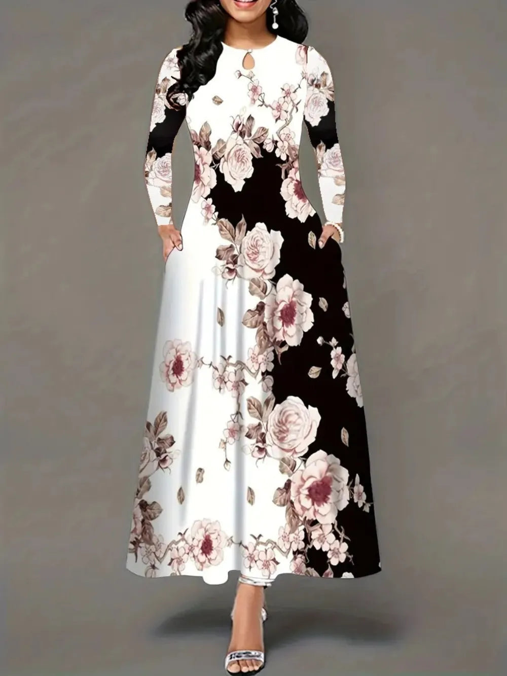 Robe élégante à manches longues florale avec poches