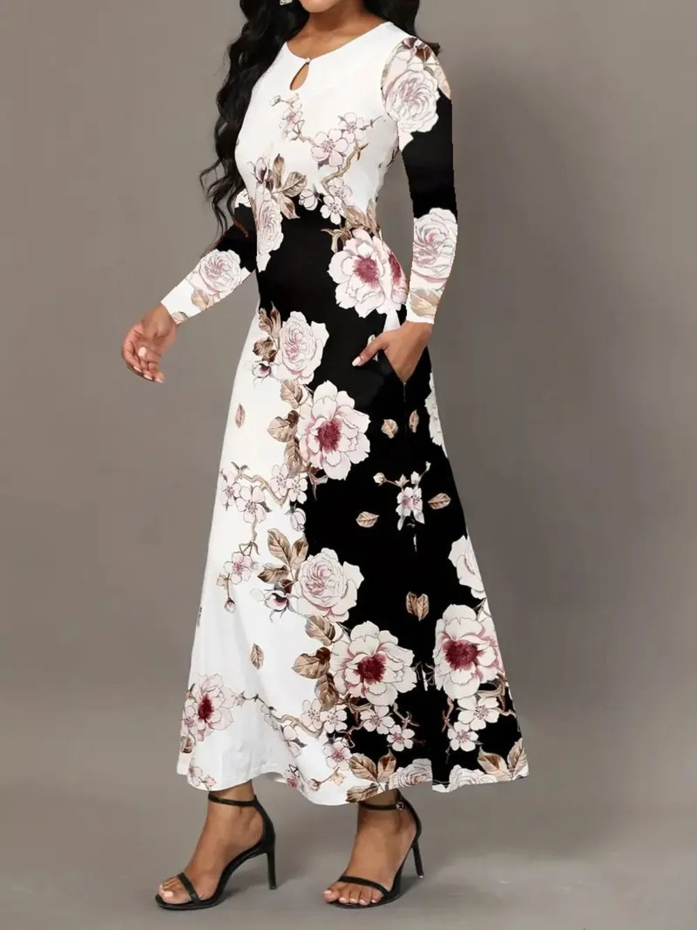 Robe élégante à manches longues florale avec poches