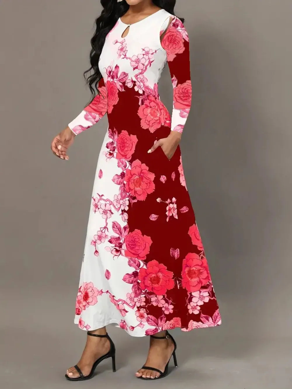 Robe élégante à manches longues florale avec poches