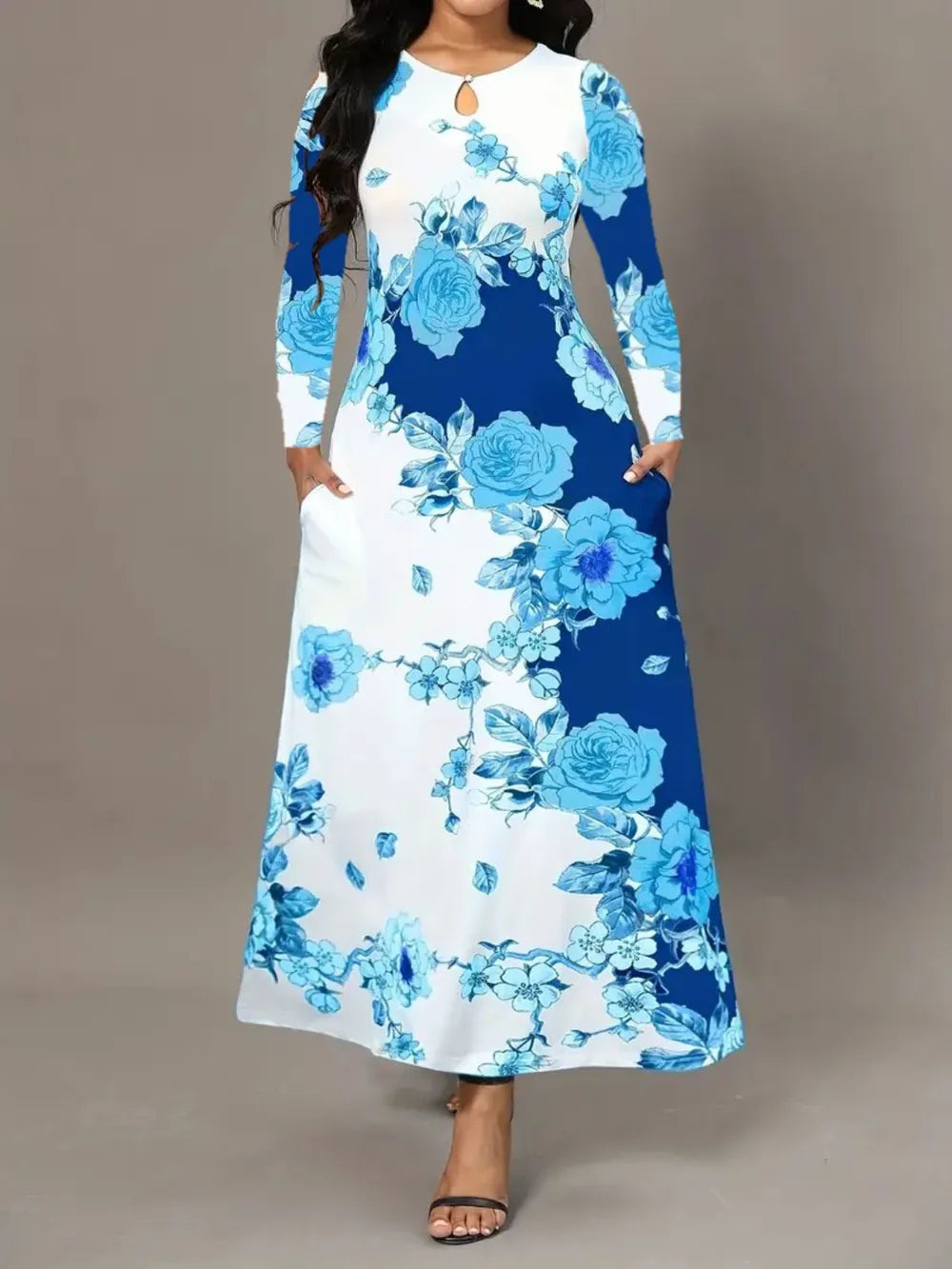 Robe élégante à manches longues florale avec poches