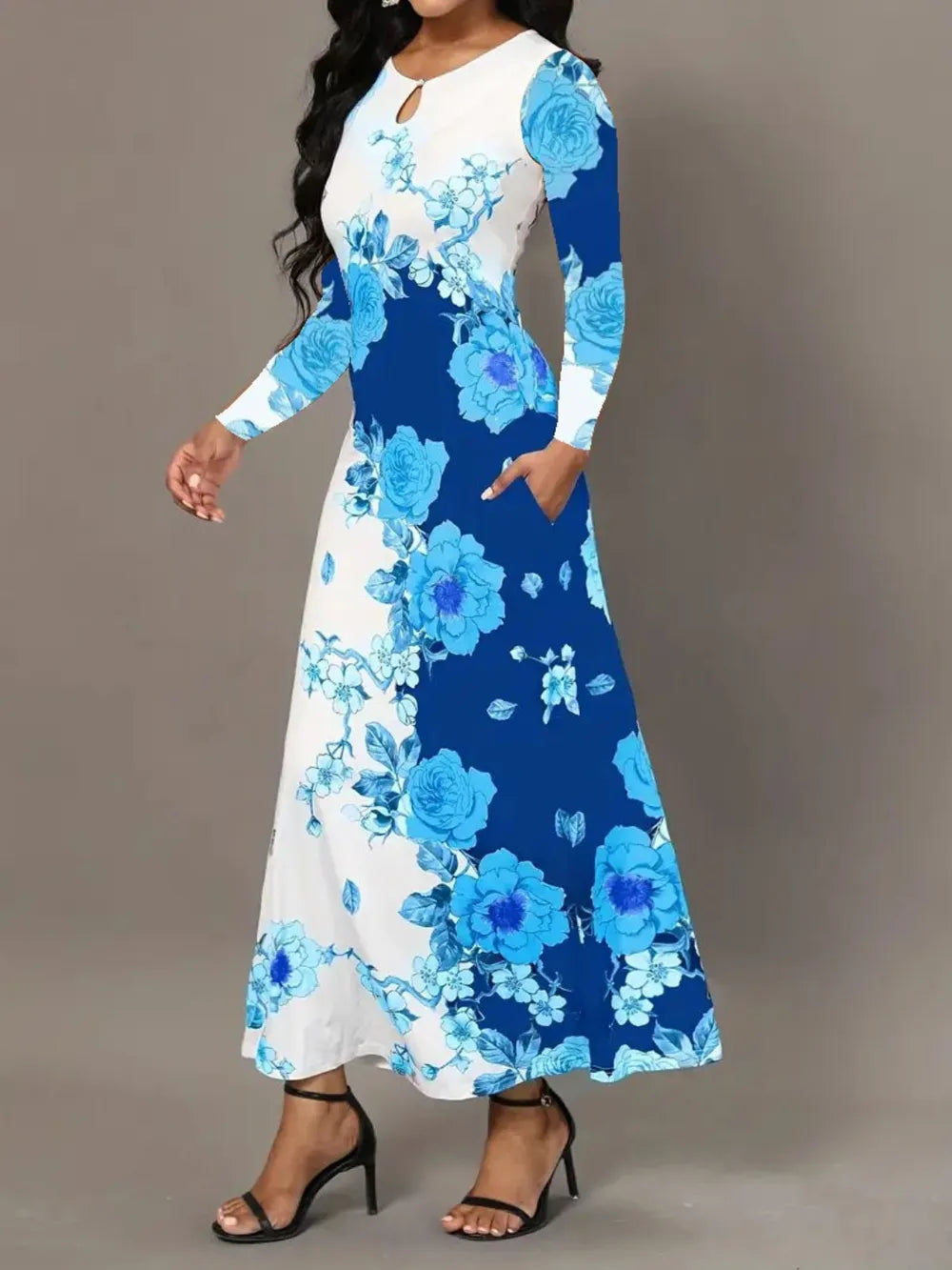 Robe élégante à manches longues florale avec poches