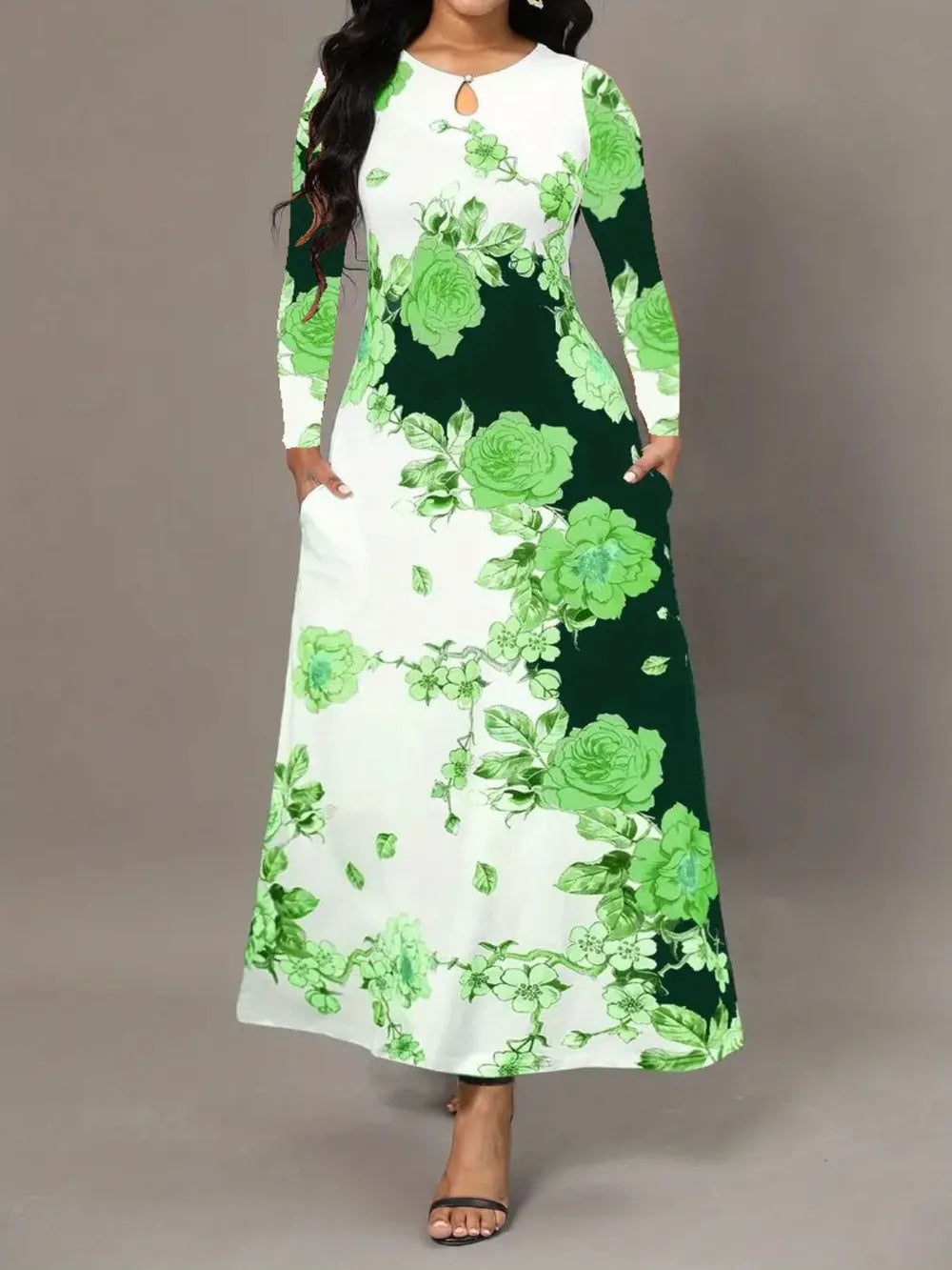 Robe élégante à manches longues florale avec poches