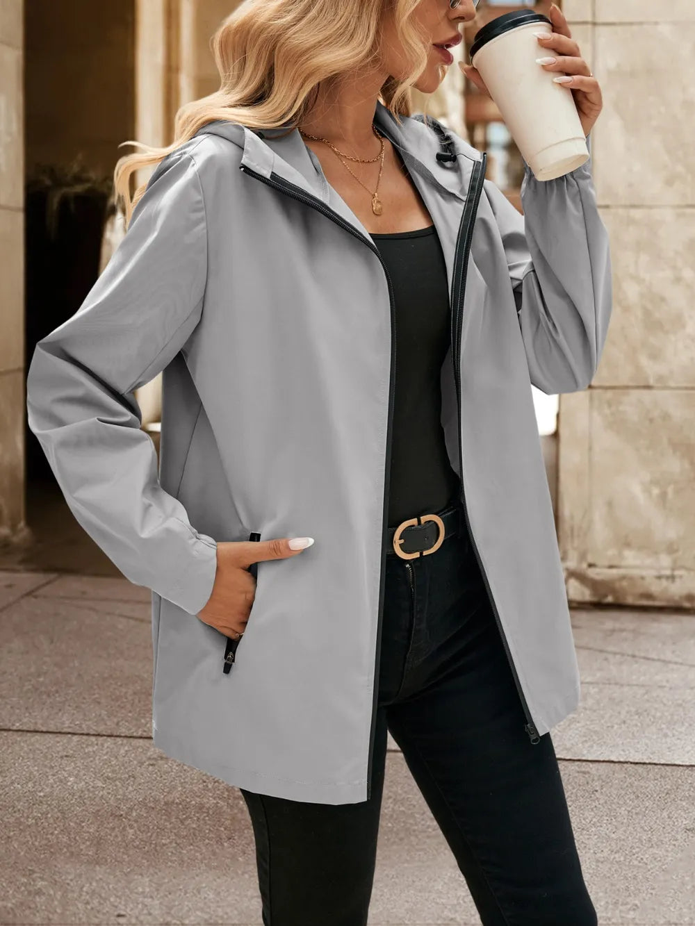 Pocketed Zip Up Hooded Jacket - Korvel