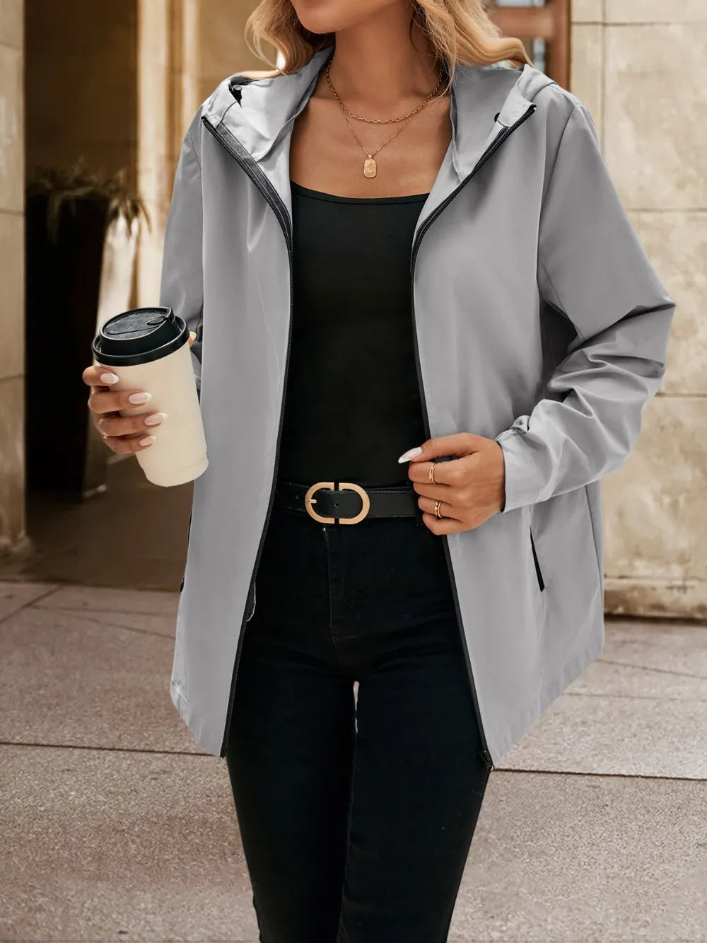 Pocketed Zip Up Hooded Jacket - Korvel