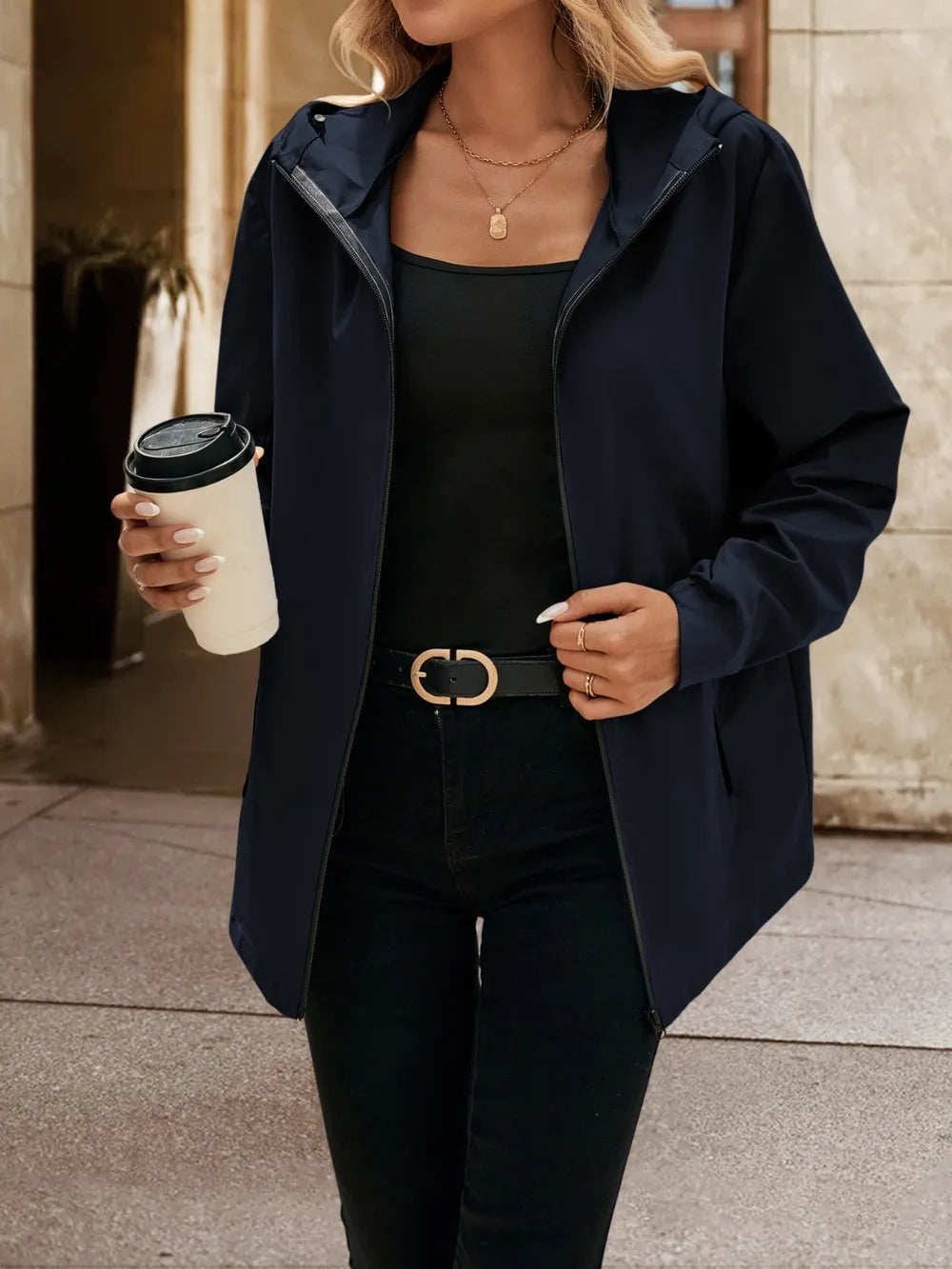 Pocketed Zip Up Hooded Jacket - Korvel