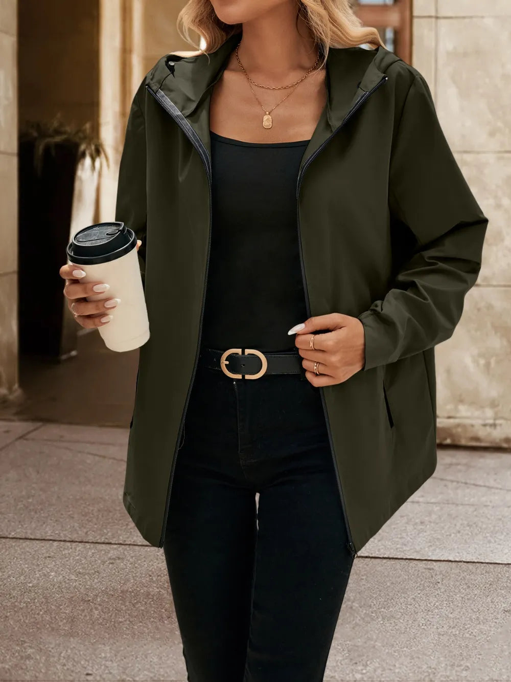 Pocketed Zip Up Hooded Jacket - Korvel