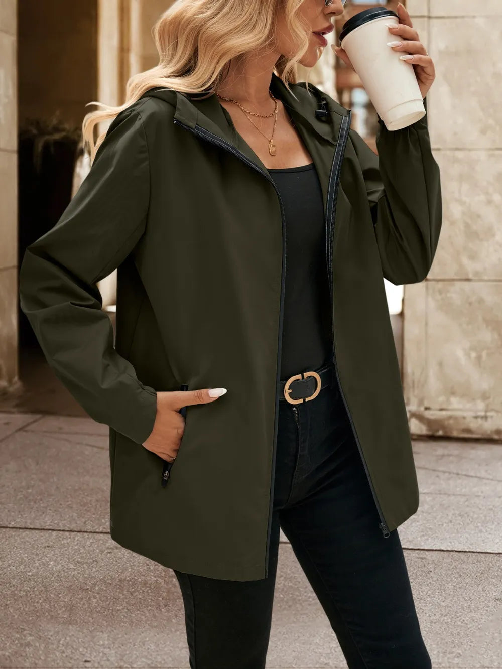 Pocketed Zip Up Hooded Jacket - Korvel