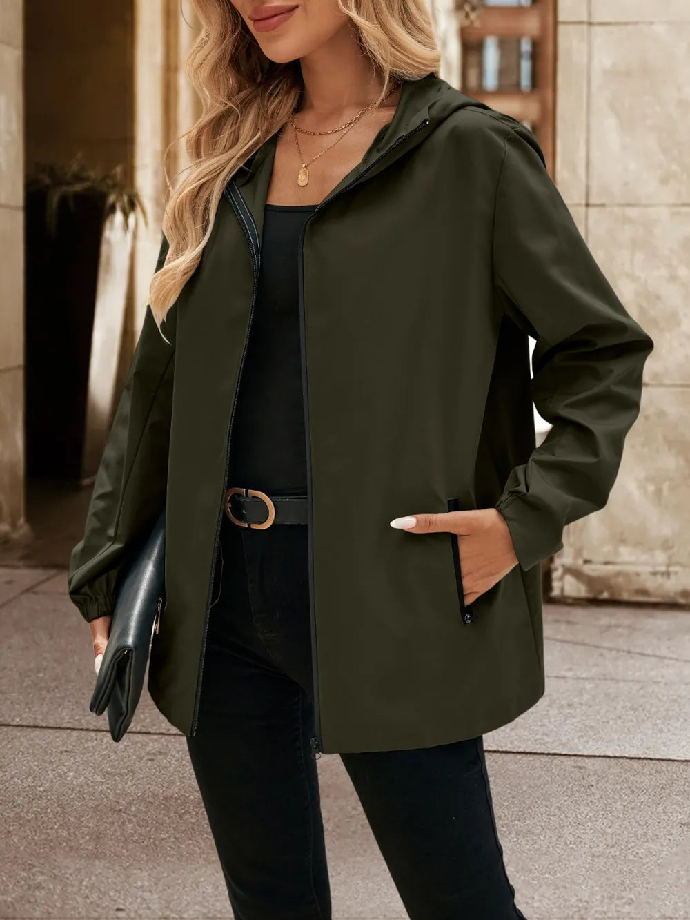 Pocketed Zip Up Hooded Jacket - Korvel