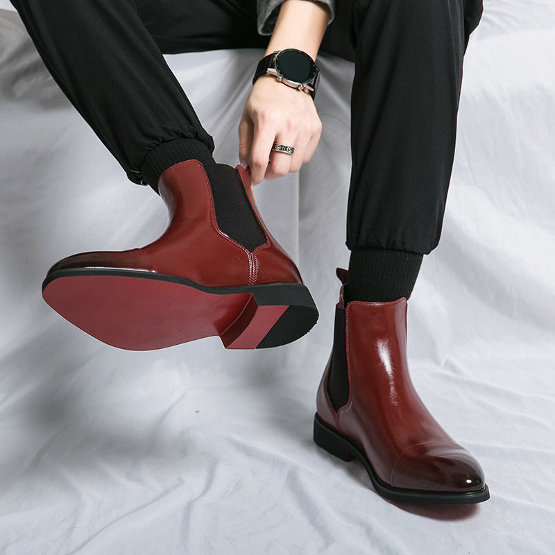 Pointed Toe Men's High Top Leather Boots with Red Soles