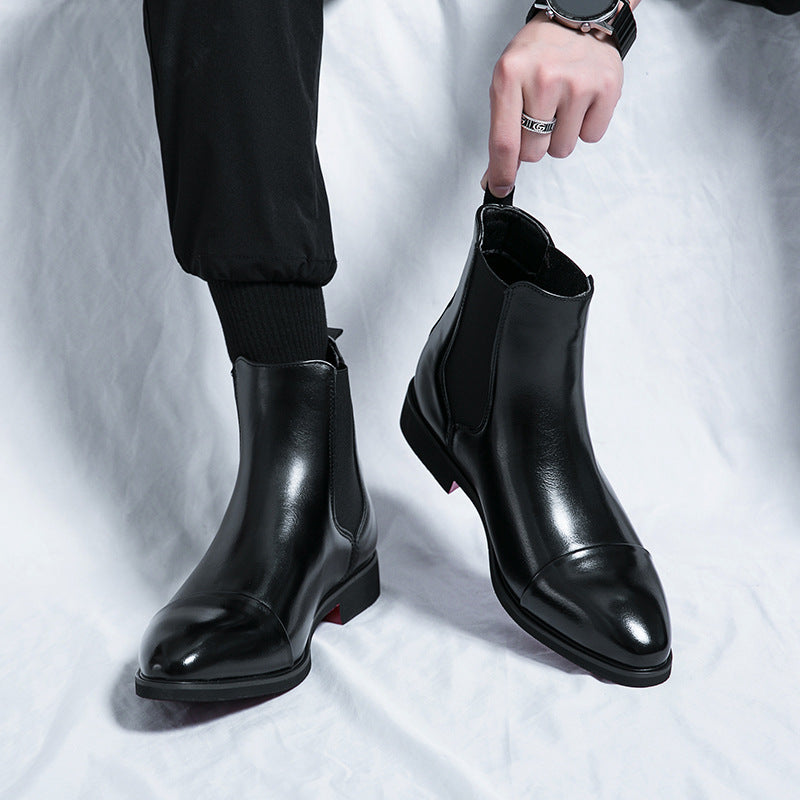 Pointed Toe Men's High Top Leather Boots with Red Soles