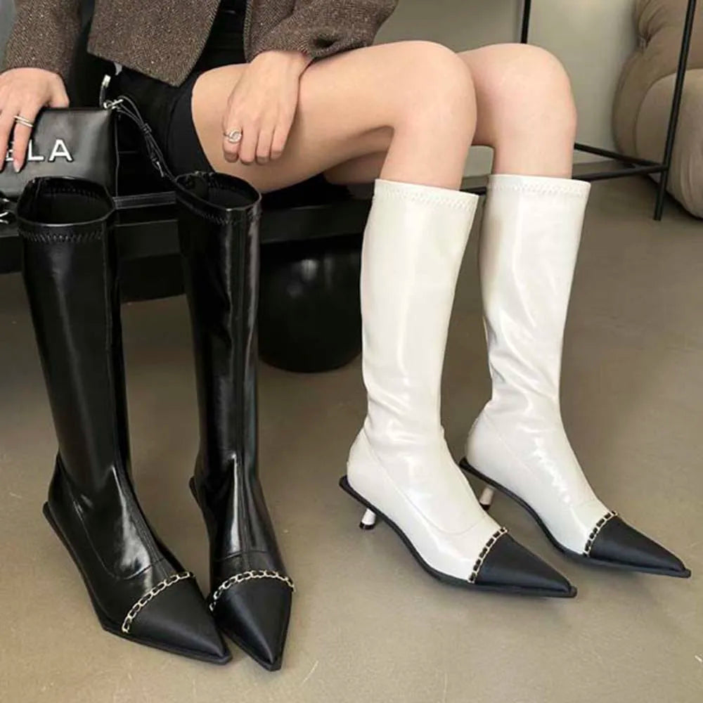 Pointed Toe Women Knee High Boots Black White Sock Booties Thin Mid Heels   New Arrivals Ladies Party Pumps Dress Shoes Woman - Korvel