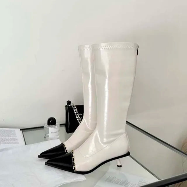 Pointed Toe Women Knee High Boots Black White Sock Booties Thin Mid Heels   New Arrivals Ladies Party Pumps Dress Shoes Woman - Korvel