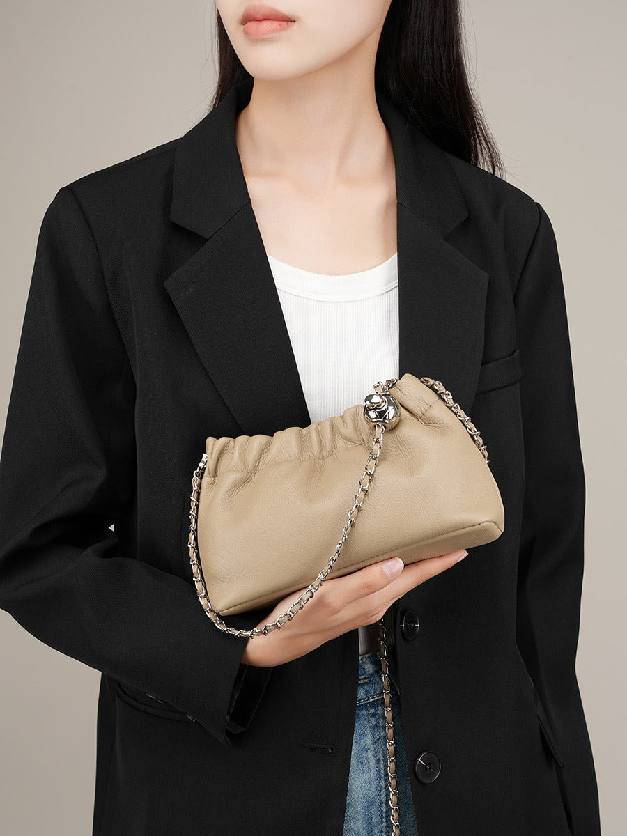 Popular chain women high end cloud pleated bag women bag cowhide shoulder crossbody bag gold ball chain - Korvel