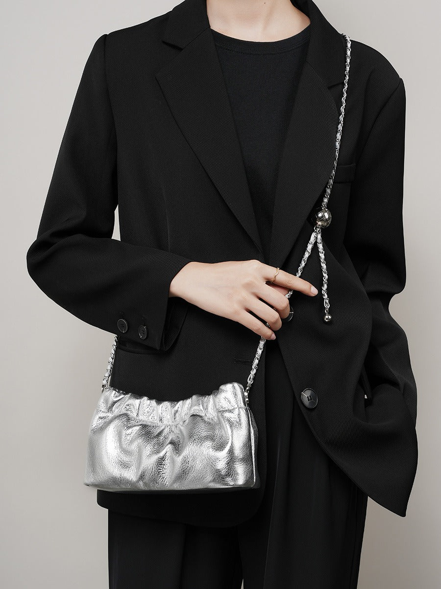 Popular chain women high end cloud pleated bag women bag cowhide shoulder crossbody bag gold ball chain - Korvel