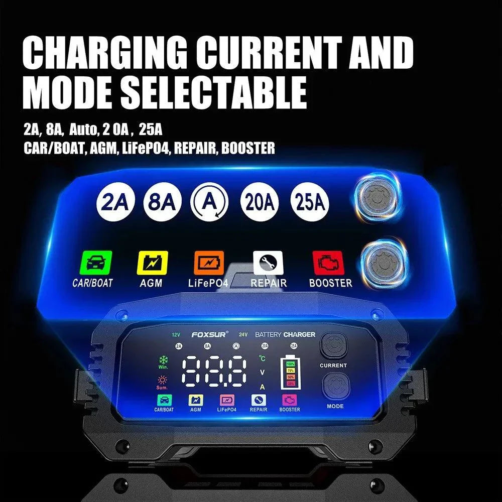 Chargeur de batterie de voiture intelligent portable - 25A/15A pour batteries 12V-24V