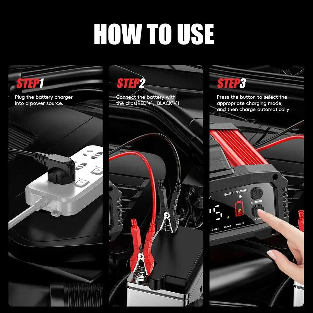 Chargeur de batterie de voiture intelligent portable - 25A/15A pour batteries 12V-24V