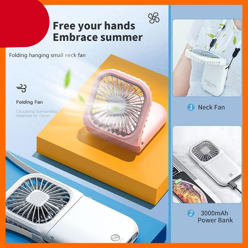 Portable Neck Fan with 3000mAh Power Bank - Mini USB Rechargeable