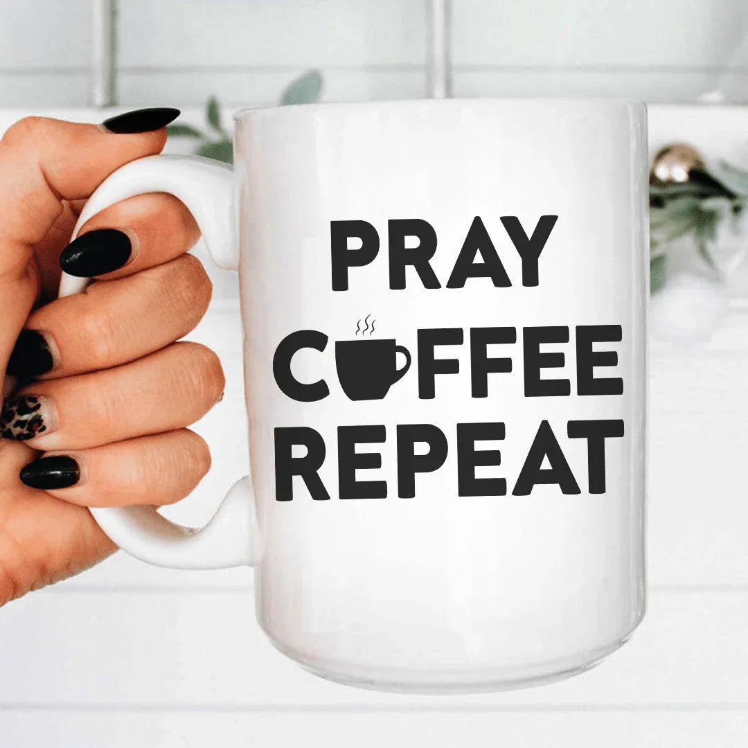 Pray Coffee Repeat Ceramic Mug - 15 oz