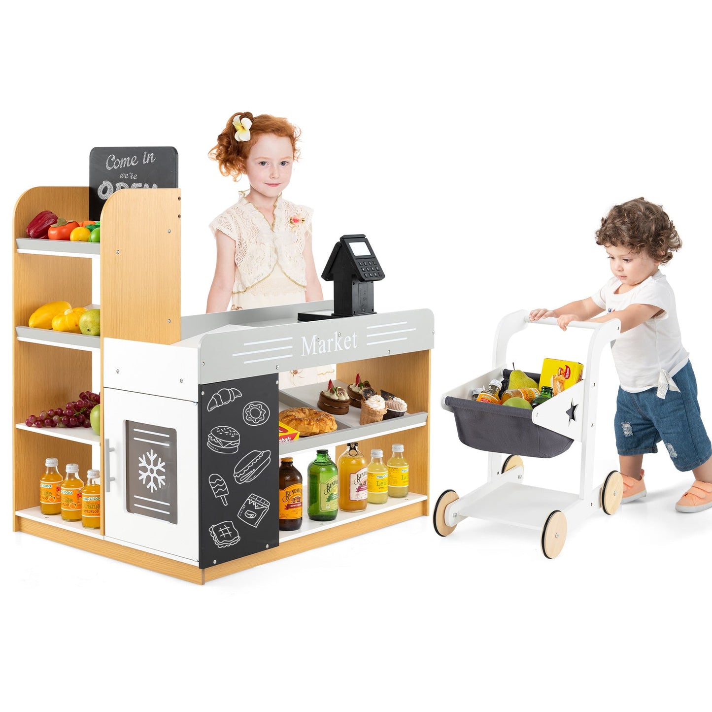 Juego de Imaginación de Tienda de Abarrotes con Carrito de Compras y Pizarras