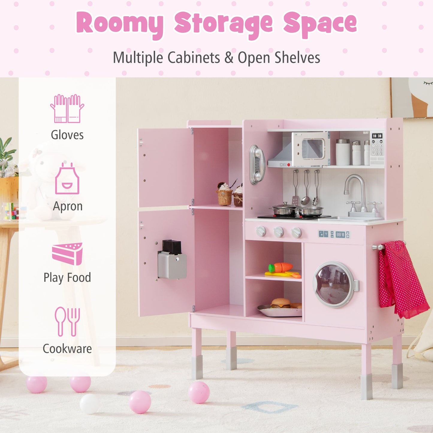 Premium Pretend Play Kitchen for Kids with 16 Accessories - Pink