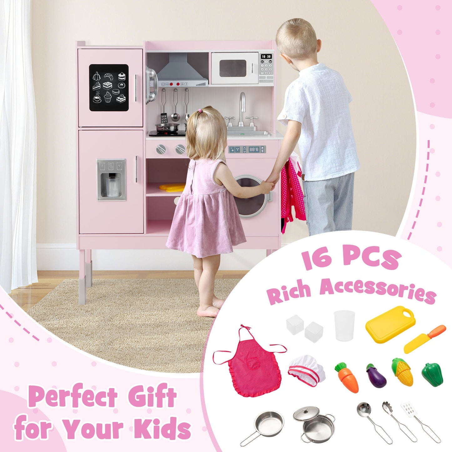 Premium Pretend Play Kitchen for Kids with 16 Accessories - Pink