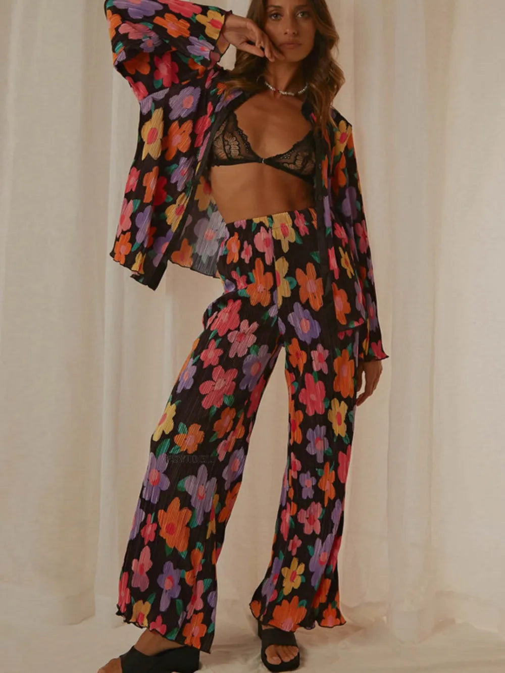 Floral Printed Collared Long Sleeve Top and Pants Set