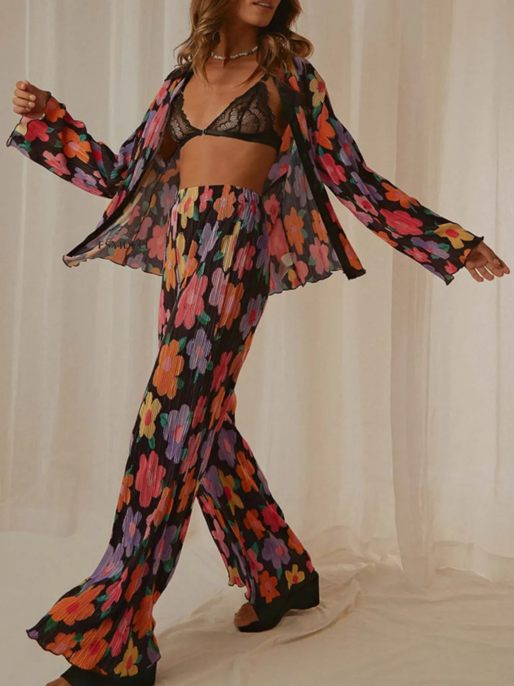 Floral Printed Collared Long Sleeve Top and Pants Set