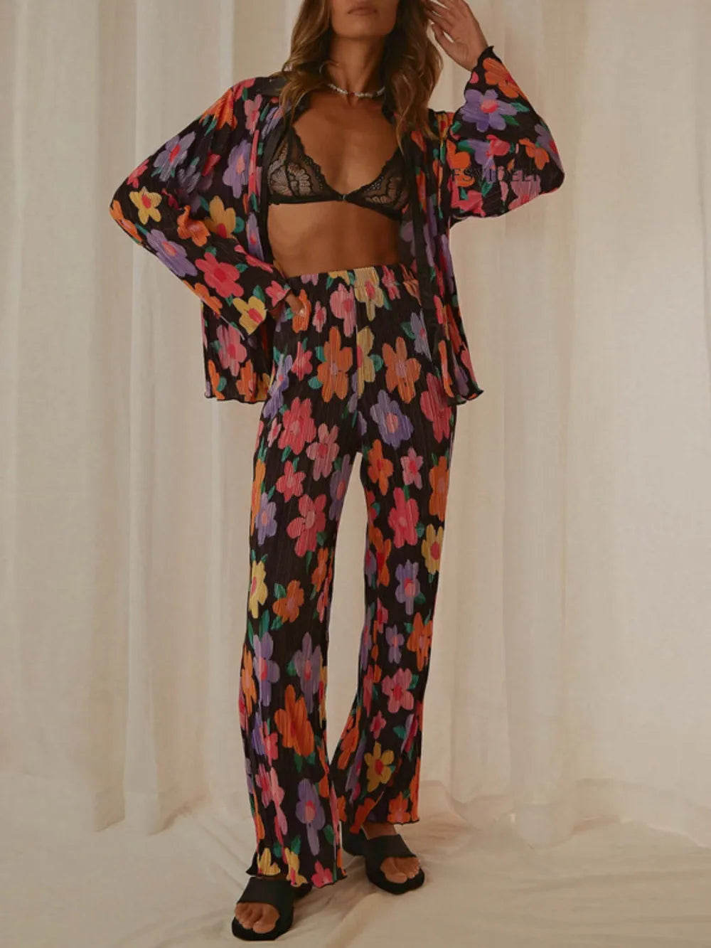 Floral Printed Collared Long Sleeve Top and Pants Set