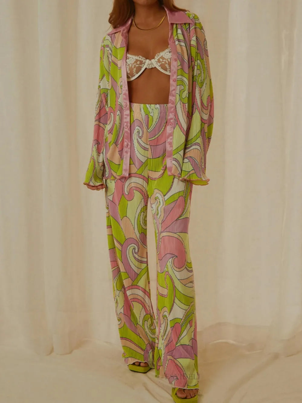 Floral Printed Collared Long Sleeve Top and Pants Set