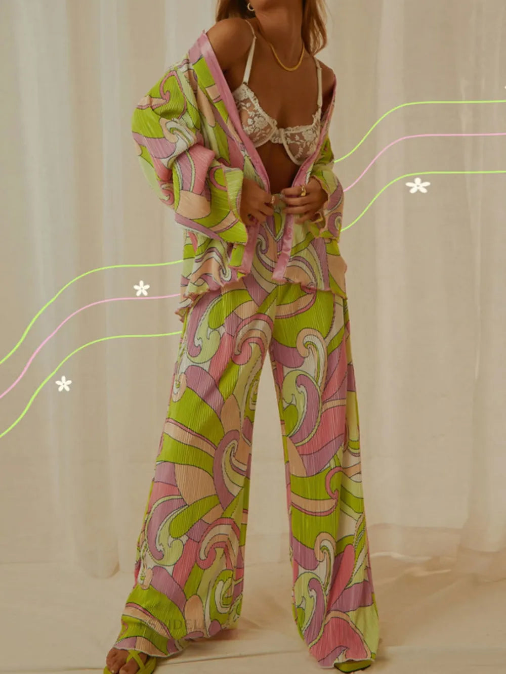 Floral Printed Collared Long Sleeve Top and Pants Set