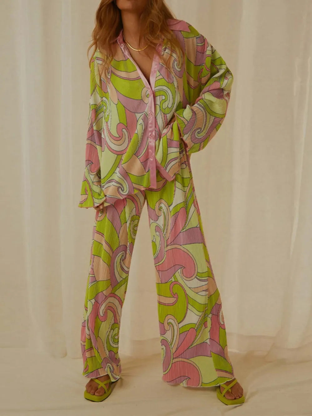 Floral Printed Collared Long Sleeve Top and Pants Set