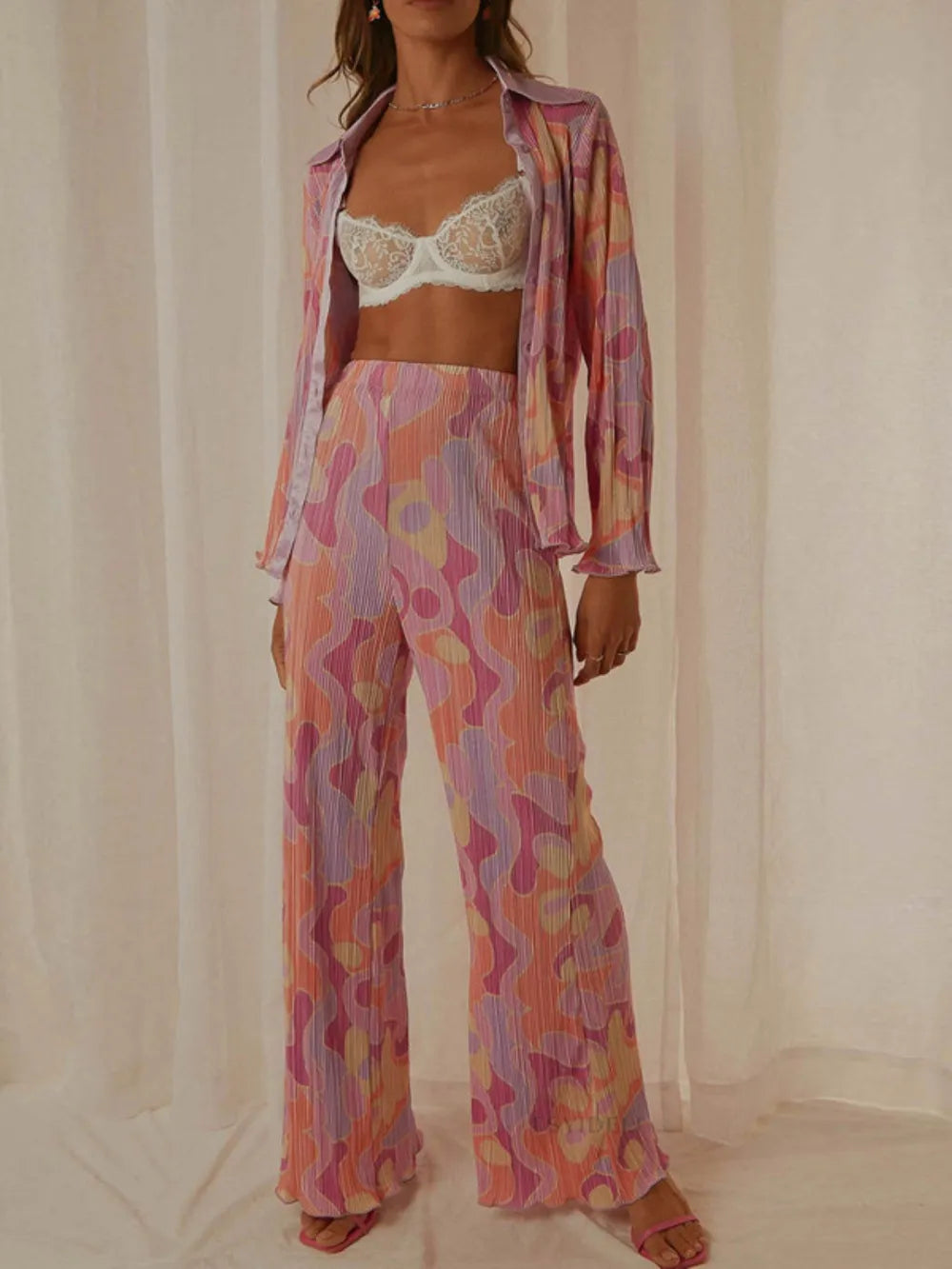 Floral Printed Collared Long Sleeve Top and Pants Set